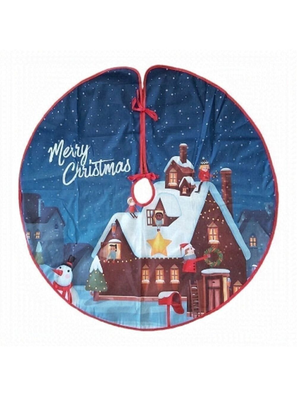 NWOT Medium "Merry Christmas" Tree Skirt With Decorative House & Snowman Scene